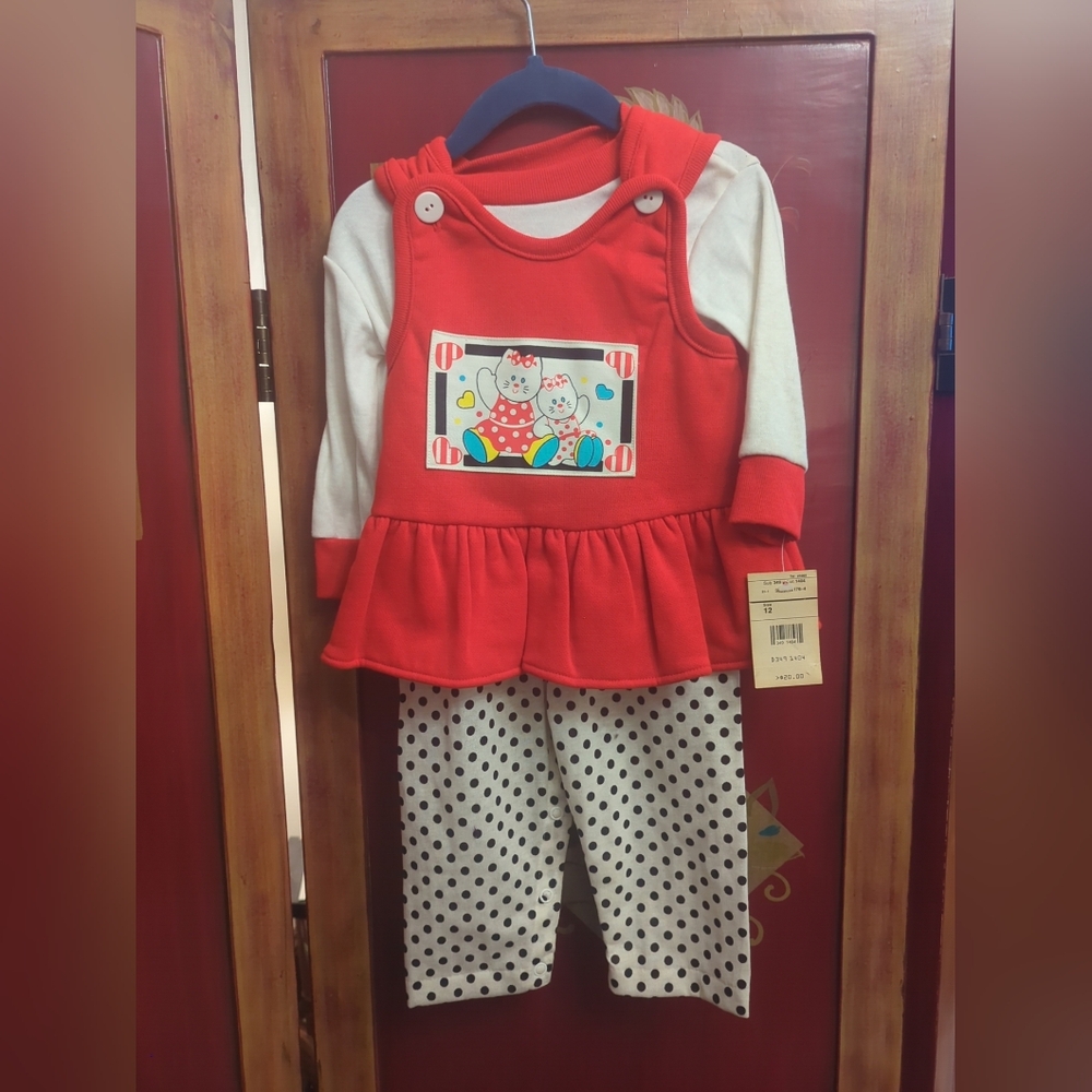 Vintage 90s/80s NWT 12M Girls Baby Set Red Polka Dots Cats Deadstock Paper Tag